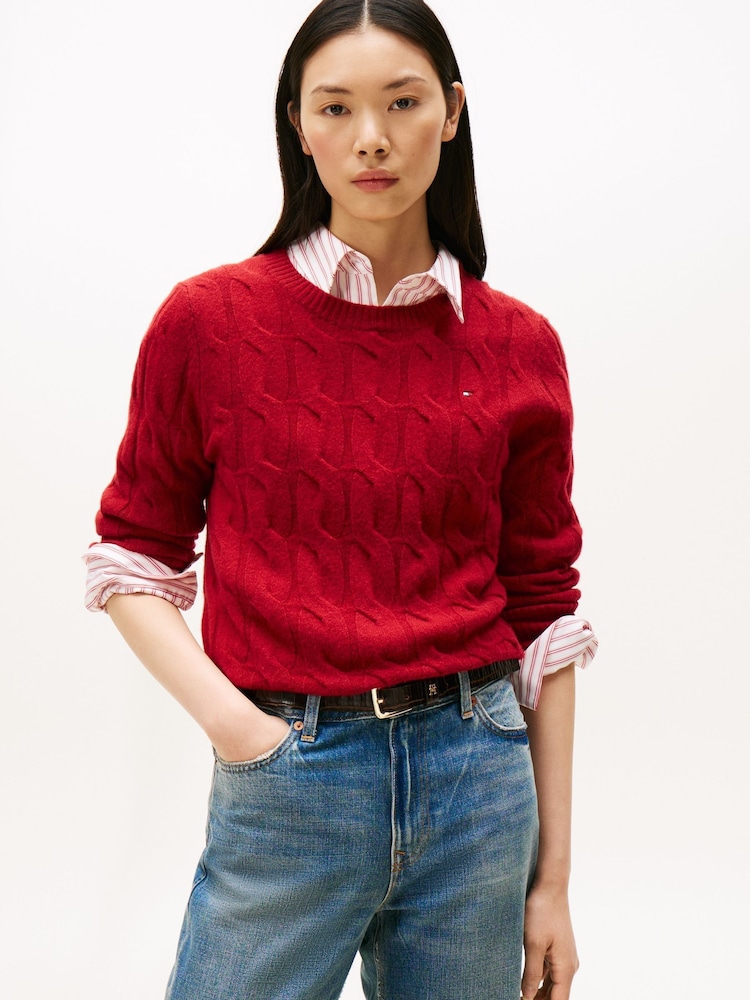 Tommy Hilfiger Red Cable Knit Soft Wool Jumper - Image 1 of 5 Tommy Hilfiger Red Cable Knit Soft Wool Jumper - Image 1 of 5