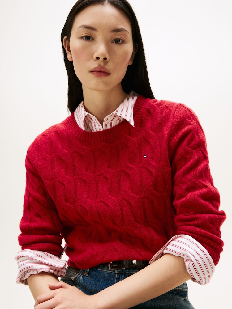 Tommy Hilfiger Red Cable Knit Soft Wool Jumper - Image 2 of 5 Tommy Hilfiger Red Cable Knit Soft Wool Jumper - Image 2 of 5