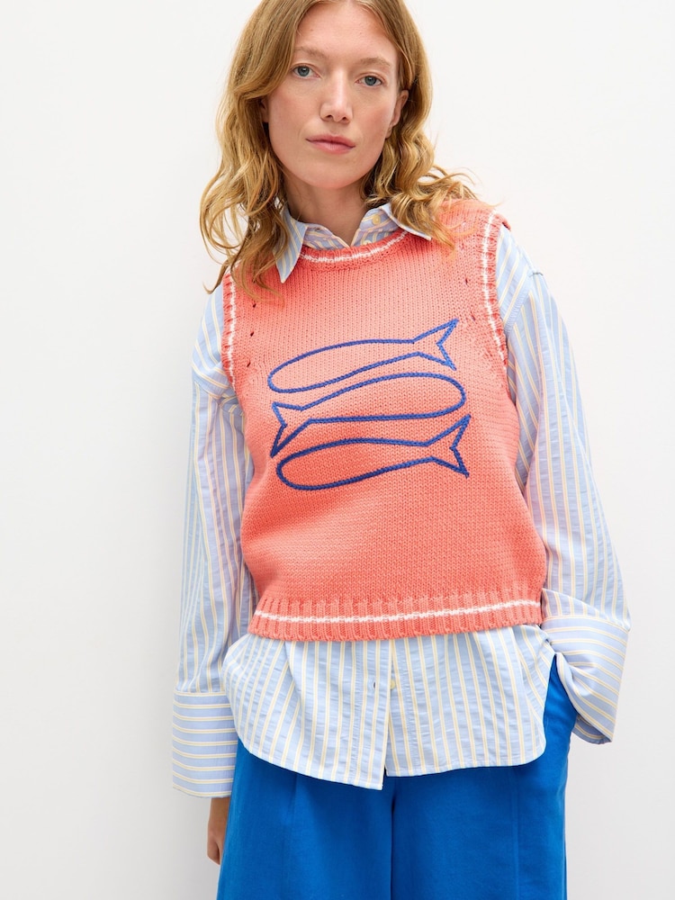 Oliver Bonas Orange Embroidered Knitted Vest - Image 1 of 7