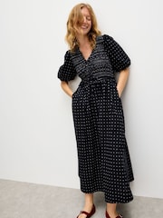 Oliver Bonas Black Polka Dot Shirred Bodice Puff Sleeve Midi Dress - Image 1 of 7