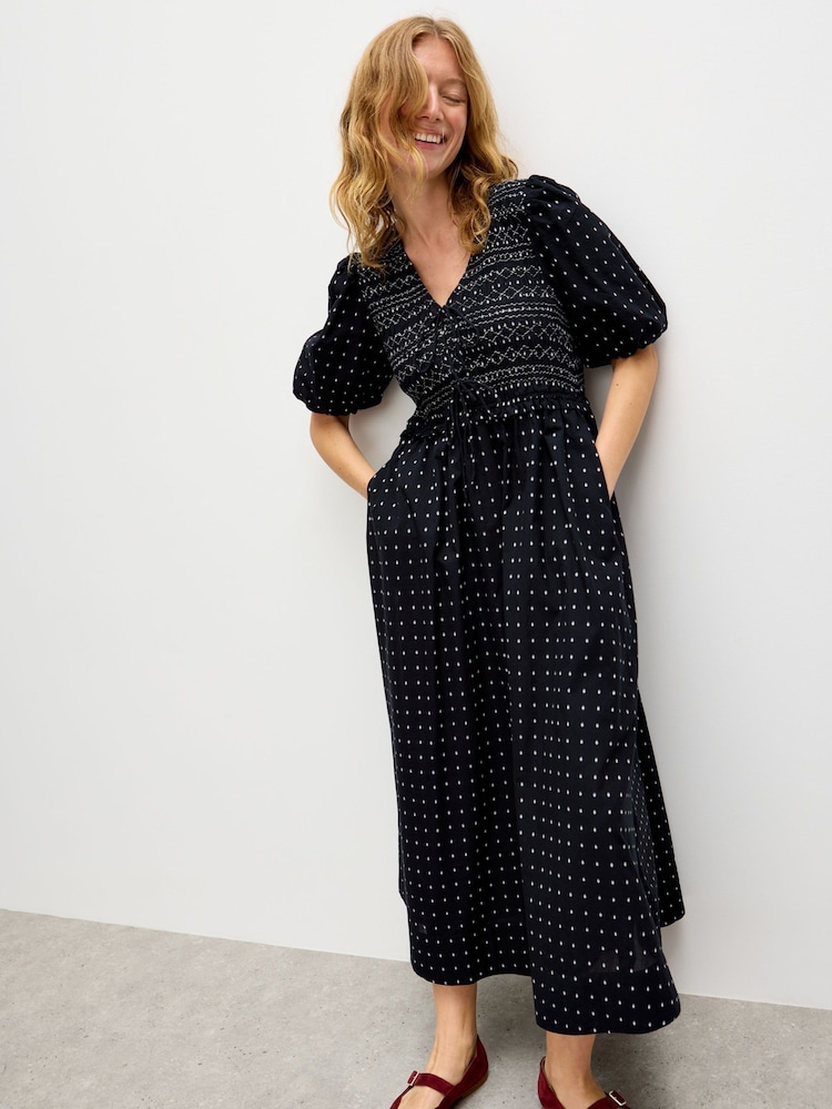 Oliver Bonas Black Polka Dot Shirred Bodice Puff Sleeve Midi Dress - Image 1 of 7