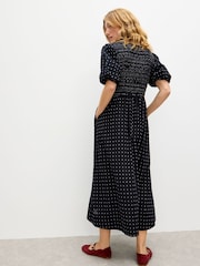 Oliver Bonas Black Polka Dot Shirred Bodice Puff Sleeve Midi Dress - Image 2 of 7