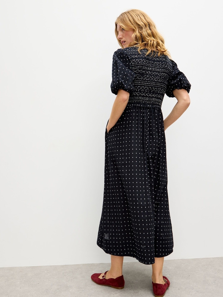 Oliver Bonas Black Polka Dot Shirred Bodice Puff Sleeve Midi Dress - Image 2 of 7