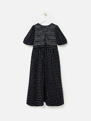 Oliver Bonas Black Polka Dot Shirred Bodice Puff Sleeve Midi Dress - Image 3 of 7
