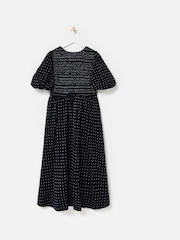 Oliver Bonas Black Polka Dot Shirred Bodice Puff Sleeve Midi Dress - Image 4 of 7
