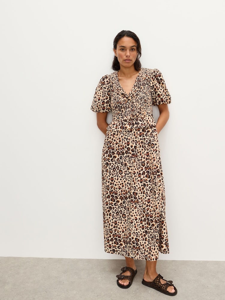Oliver Bonas Brown Leopard Print Shirred Bodice Puff Sleeve Midi Dress - Image 1 of 7 Oliver Bonas Brown Leopard Print Shirred Bodice Puff Sleeve Midi Dress - Image 1 of 7