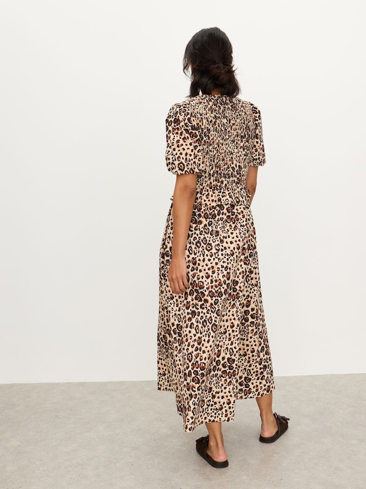 Oliver Bonas Brown Leopard Print Shirred Bodice Puff Sleeve Midi Dress - Image 2 of 7 Oliver Bonas Brown Leopard Print Shirred Bodice Puff Sleeve Midi Dress - Image 2 of 7