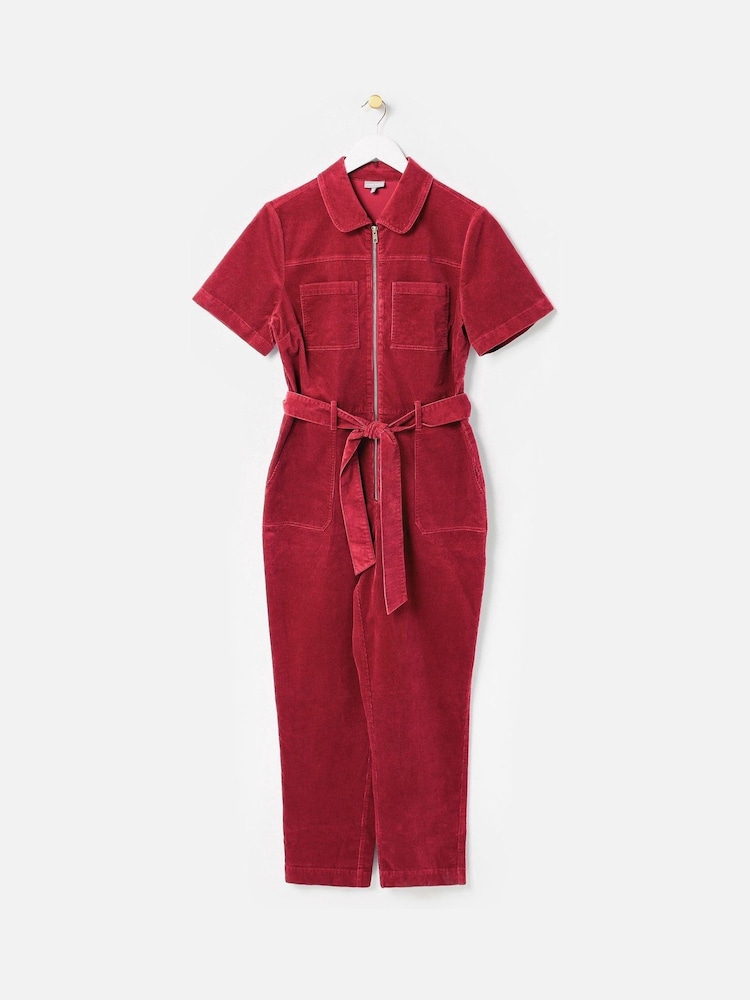 Oliver Bonas Red Corduroy Zip-Up Short Sleeve Jumpsuit - Image 1 of 6