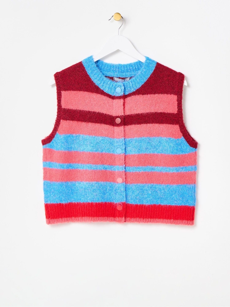 Oliver Bonas Blue Striped Button Up Knitted Waistcoat - Image 1 of 5 Oliver Bonas Blue Striped Button Up Knitted Waistcoat - Image 1 of 5