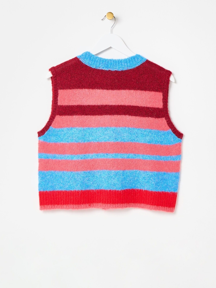 Oliver Bonas Blue Striped Button Up Knitted Waistcoat - Image 2 of 5