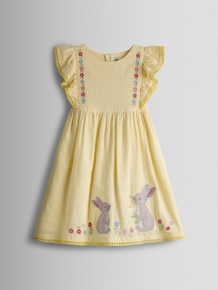 JoJo Maman Bébé Yellow Bunny Appliqué Frill Shoulder Embroidered Dress - Image 1 of 4