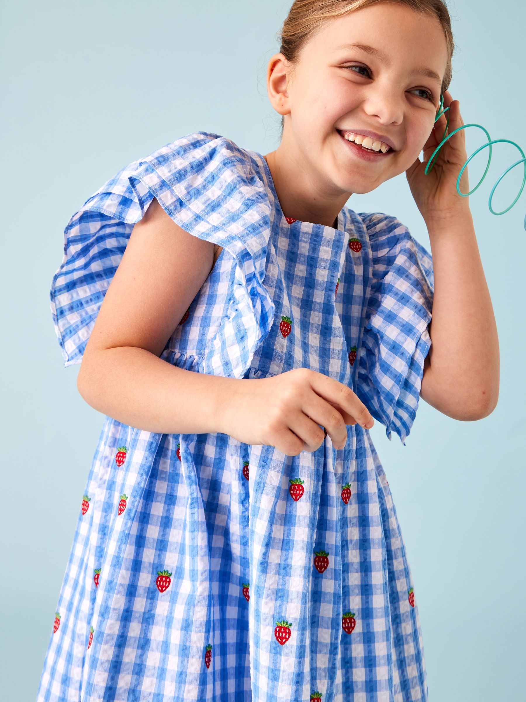 Jojo Maman Bébé Women's Blue Gingham Strawberry Frill Square Neck Gingham Dress