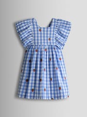 JoJo Maman Bébé Blue Gingham Strawberry Frill Square Neck Gingham Dress - Image 1 of 4