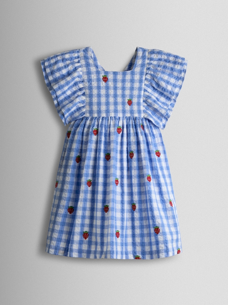 JoJo Maman Bébé Blue Gingham Strawberry Frill Square Neck Gingham Dress - Image 1 of 4