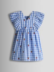 JoJo Maman Bébé Blue Gingham Strawberry Frill Square Neck Gingham Dress - Image 2 of 4
