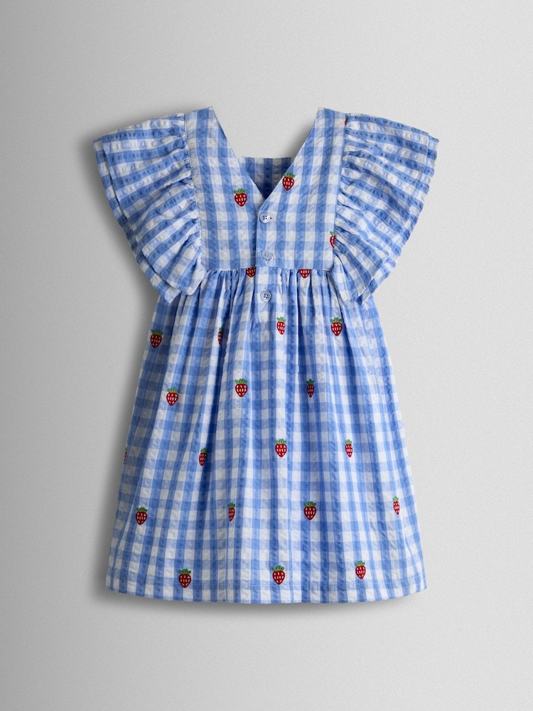 JoJo Maman Bébé Blue Gingham Strawberry Frill Square Neck Gingham Dress - Image 2 of 4