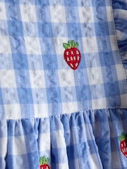 JoJo Maman Bébé Blue Gingham Strawberry Frill Square Neck Gingham Dress - Image 3 of 4