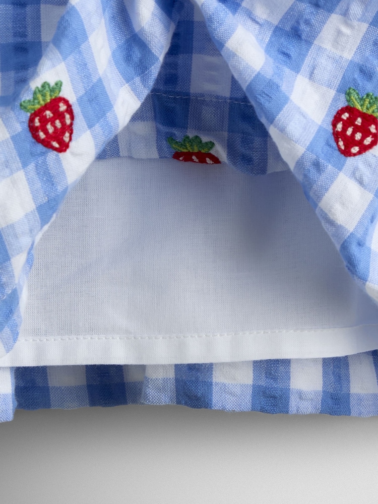 JoJo Maman Bébé Blue Gingham Strawberry Frill Square Neck Gingham Dress - Image 4 of 4