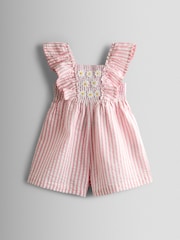 JoJo Maman Bébé Dusky Pink Stripe Daisy Smocked Frill Shoulder Playsuit - Image 1 of 4