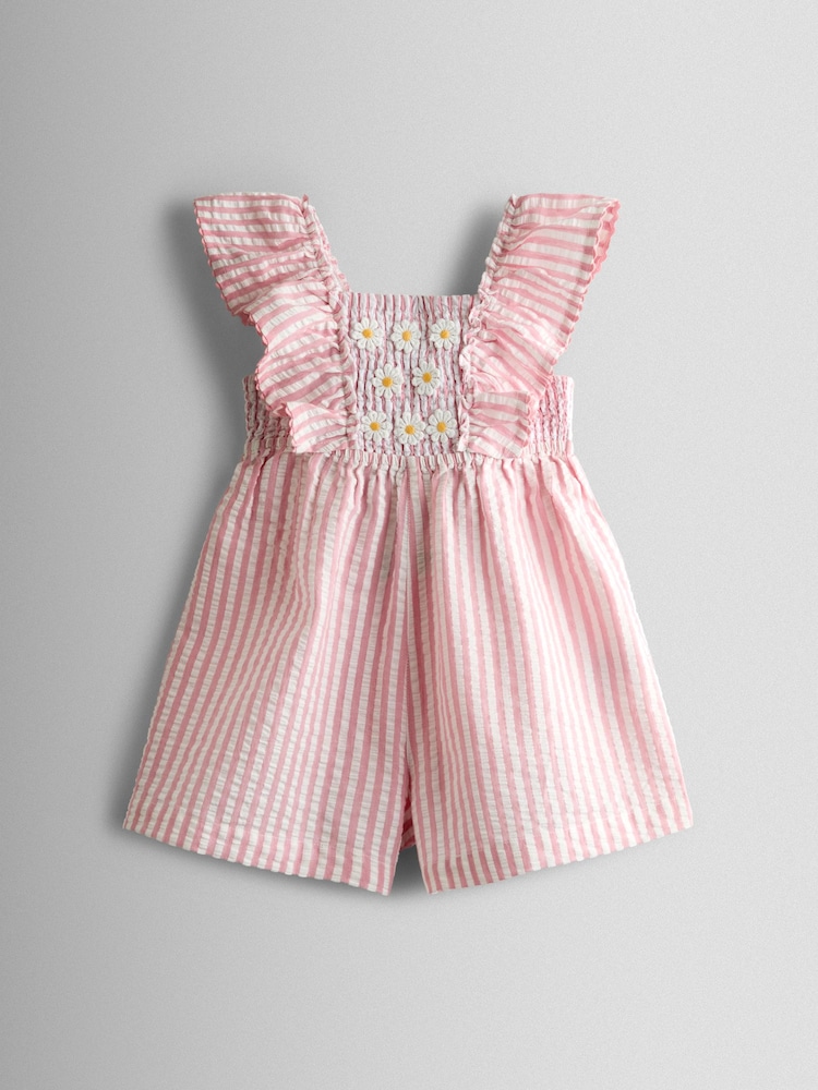 JoJo Maman Bébé Dusky Pink Stripe Daisy Smocked Frill Shoulder Playsuit - Image 1 of 4