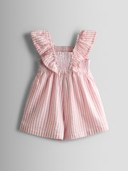 JoJo Maman Bébé Dusky Pink Stripe Daisy Smocked Frill Shoulder Playsuit - Image 2 of 4