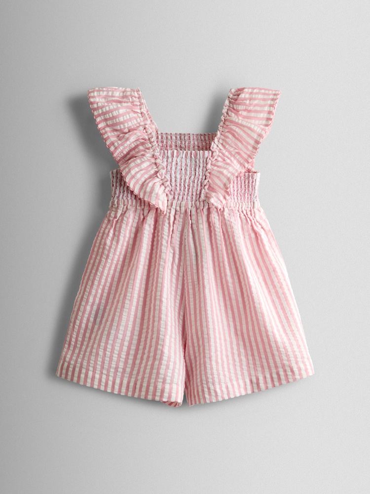 JoJo Maman Bébé Dusky Pink Stripe Daisy Smocked Frill Shoulder Playsuit - Image 2 of 4