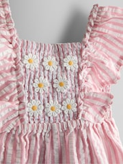 JoJo Maman Bébé Dusky Pink Stripe Daisy Smocked Frill Shoulder Playsuit - Image 3 of 4