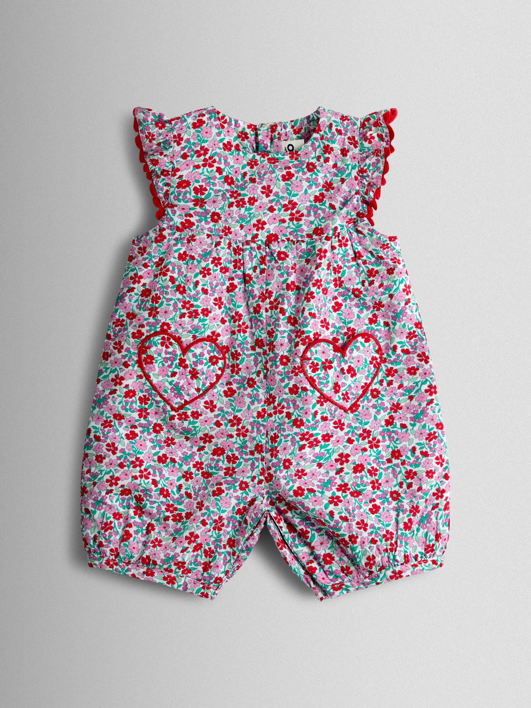 Jojo Maman Bébé Red Floral Ruffle Shoulder Romper