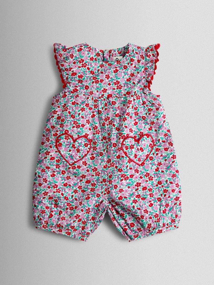 أحمر مشجر - JoJo Maman Bébé Ruffle Shoulder Romper - صورة 1 من 3