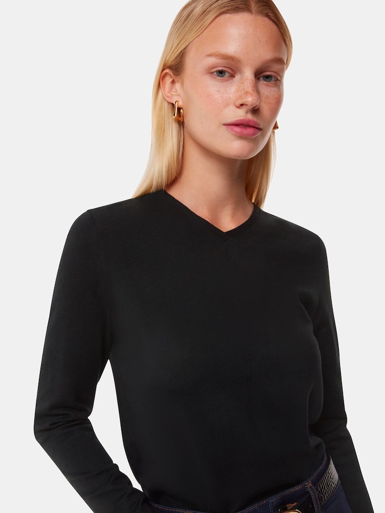 Whistles Black Mila V-Neck Knit Jumper - Image 1 of 5