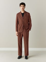 Rust Brown Relaxed Fit Cotton Blend Textured Suit Jacket - Image 2 of 11