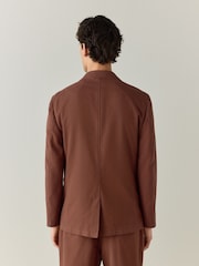 Rust Brown Relaxed Fit Cotton Blend Textured Suit Jacket - Image 3 of 11