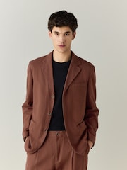 Rust Brown Relaxed Fit Cotton Blend Textured Suit Jacket - Image 5 of 11