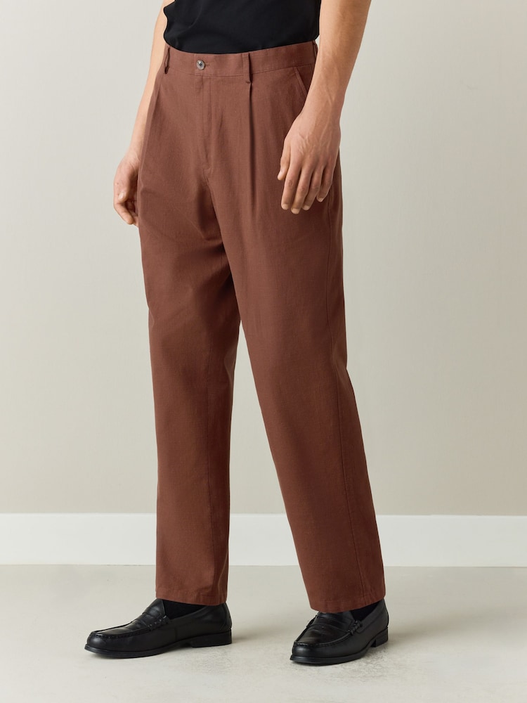 Rust Brown Relaxed Fit Cotton Blend Textured Suit Trousers - Image 1 of 9
