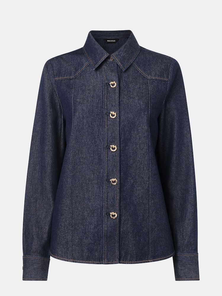 Whistles Blue Button Detail Cotton Shirt - Image 5 of 5