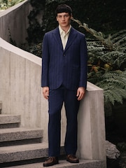 Navy Relaxed Fit Linen Blend Stripe Suit Jacket - Image 3 of 8