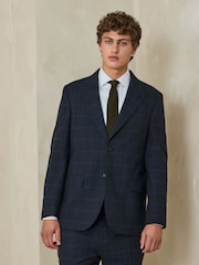 Navy Regular Fit Windowpane Check Italian Cotton Suit Jacket - Image 1 of 5