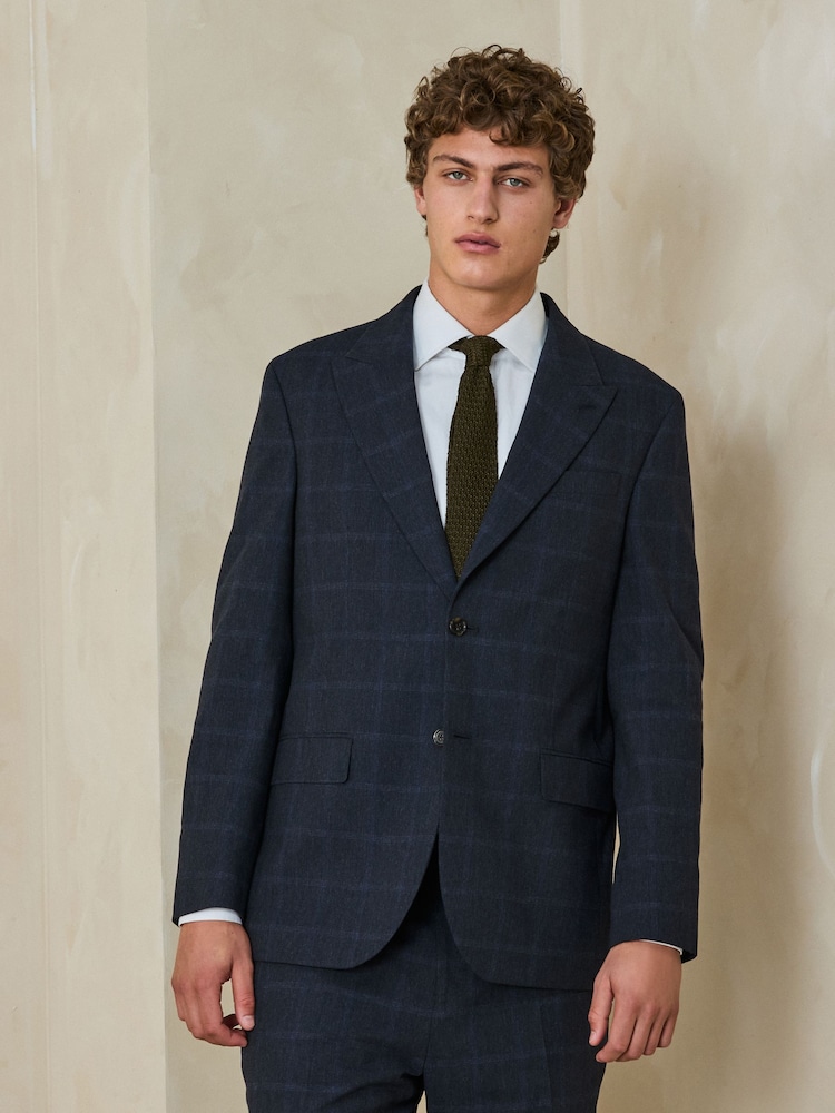 Navy Regular Fit Windowpane Check Italian Cotton Suit Jacket - Image 1 of 5 Navy Regular Fit Windowpane Check Italian Cotton Suit Jacket - Image 1 of 5