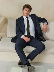Navy Regular Fit Windowpane Check Italian Cotton Suit Jacket - Image 2 of 5