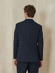 Navy Regular Fit Windowpane Check Italian Cotton Suit Jacket - Image 4 of 5