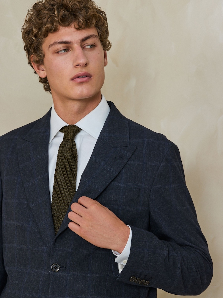 Navy Regular Fit Windowpane Check Italian Cotton Suit Jacket - Image 5 of 5 Navy Regular Fit Windowpane Check Italian Cotton Suit Jacket - Image 5 of 5