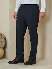 Navy Regular Fit Windowpane Check Italian Cotton Blend Suit Trousers - Image 1 of 4