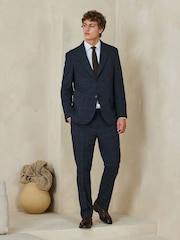 Navy Regular Fit Windowpane Check Italian Cotton Blend Suit Trousers - Image 2 of 4