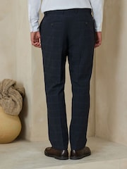 Navy Regular Fit Windowpane Check Italian Cotton Blend Suit Trousers - Image 3 of 4