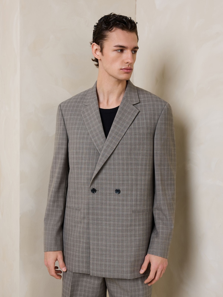 Brown Loose Fit Double Breasted Wool Blend Check Suit Jacket - Image 1 of 14 Brown Loose Fit Double Breasted Wool Blend Check Suit Jacket - Image 1 of 14