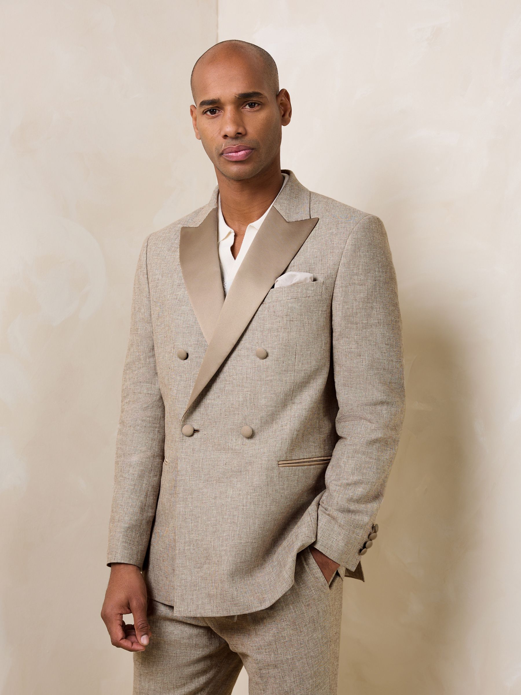 Buy Stone Double Breasted Tailored Fit Linen Blend Texture Suit