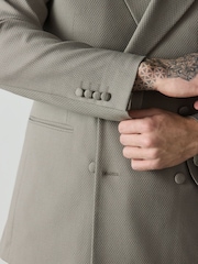 Grey Tailored Fit Double Breasted Textured Suit Jacket With Brooch - Image 3 of 12