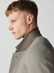 Grey Tailored Fit Double Breasted Textured Suit Jacket With Brooch - Image 4 of 12