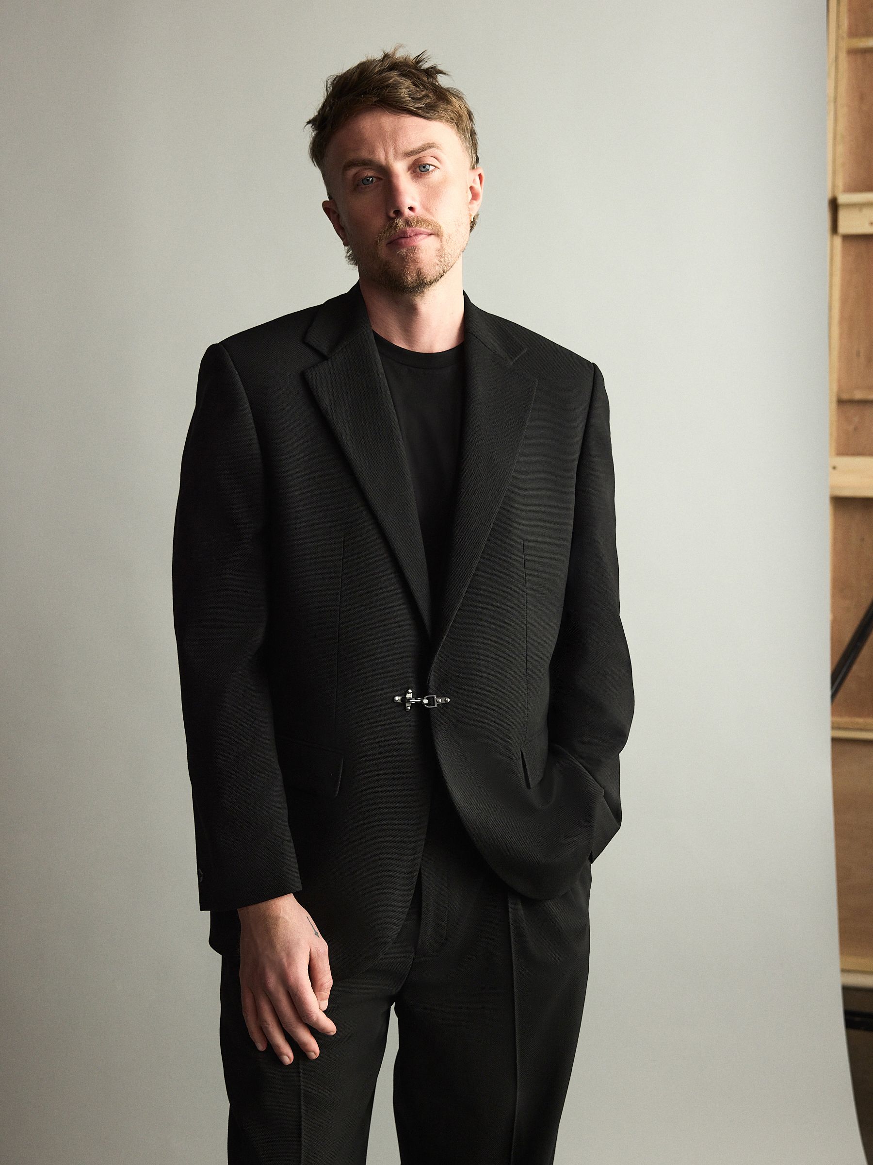 Buy Black Loose Fit Textured Suit Jacket With Fireman Clasp Metal