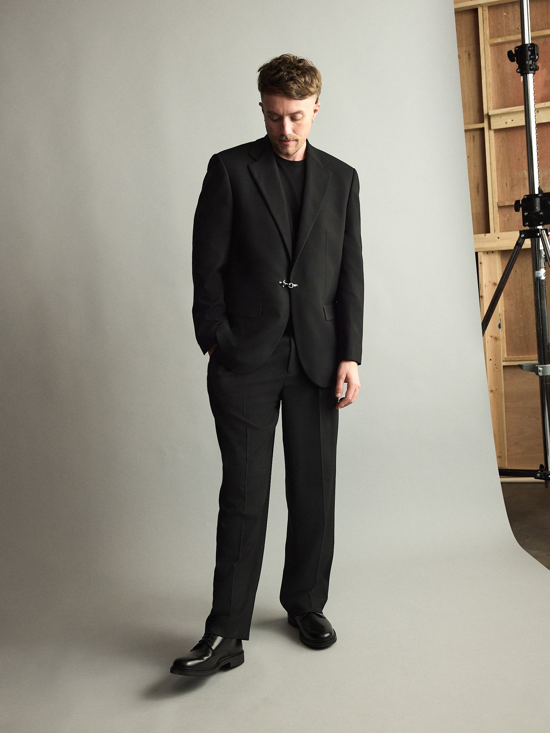 Buy Black Loose Fit Textured Suit Jacket With Fireman Clasp Metal